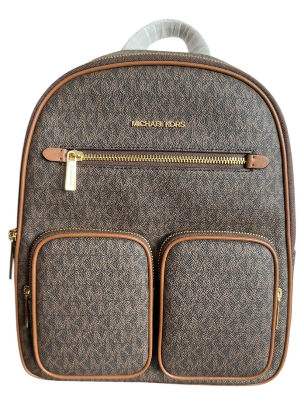 Michael Kors Brown Logo Monogram Backpack with Tan Trim